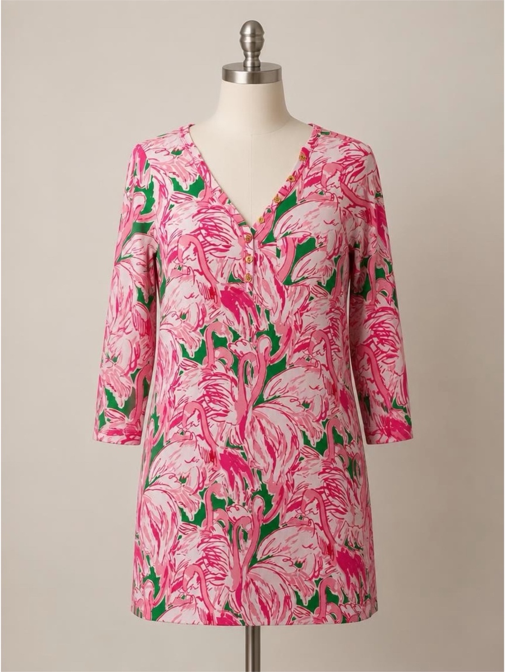 Lilly Pulitzer Pink Flamingo Print V-Neck Dress XS